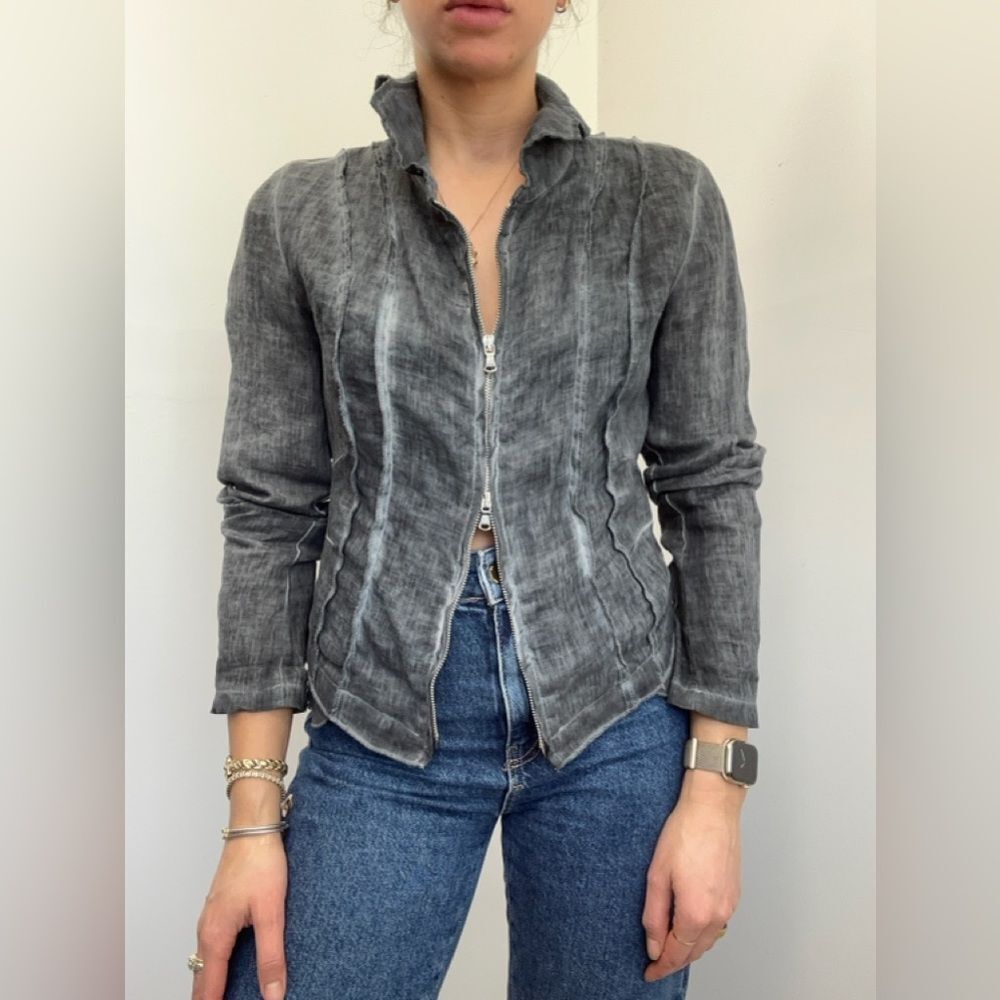 Inizio Made In Italy Gray 100% Linen Jacket Full Zip Lagonlook Size M